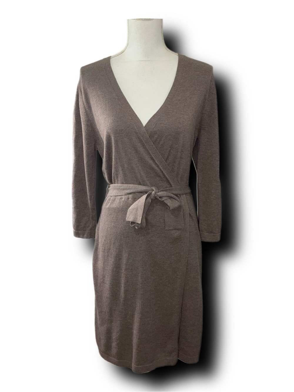 Banana Republic Taupe Lightweight Knit Faux Wrap Dress Classic Minimalist Vibes